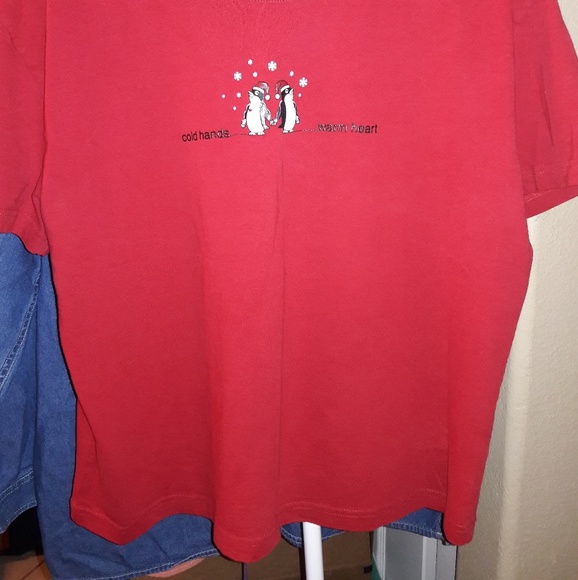 Beautiful Red Tee with Embroidered Penguins - Picture 2 of 4